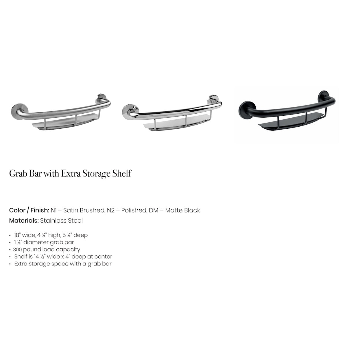 18" Safety Grab Bar with Built-In Shelf for Showers