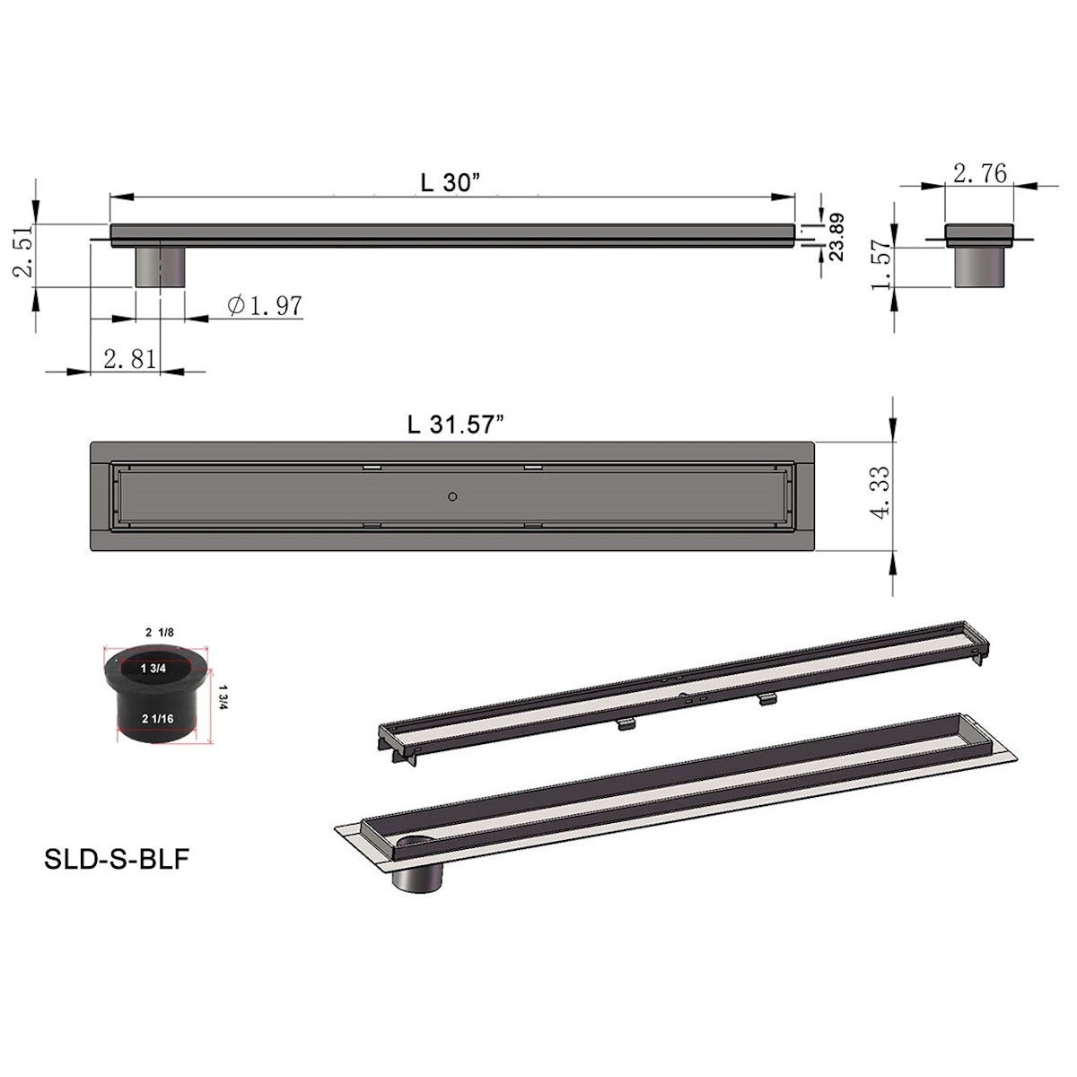30 Inch Side Outlet Linear Shower Drain Kit with Hair Trap and Flange Base, SereneDrains