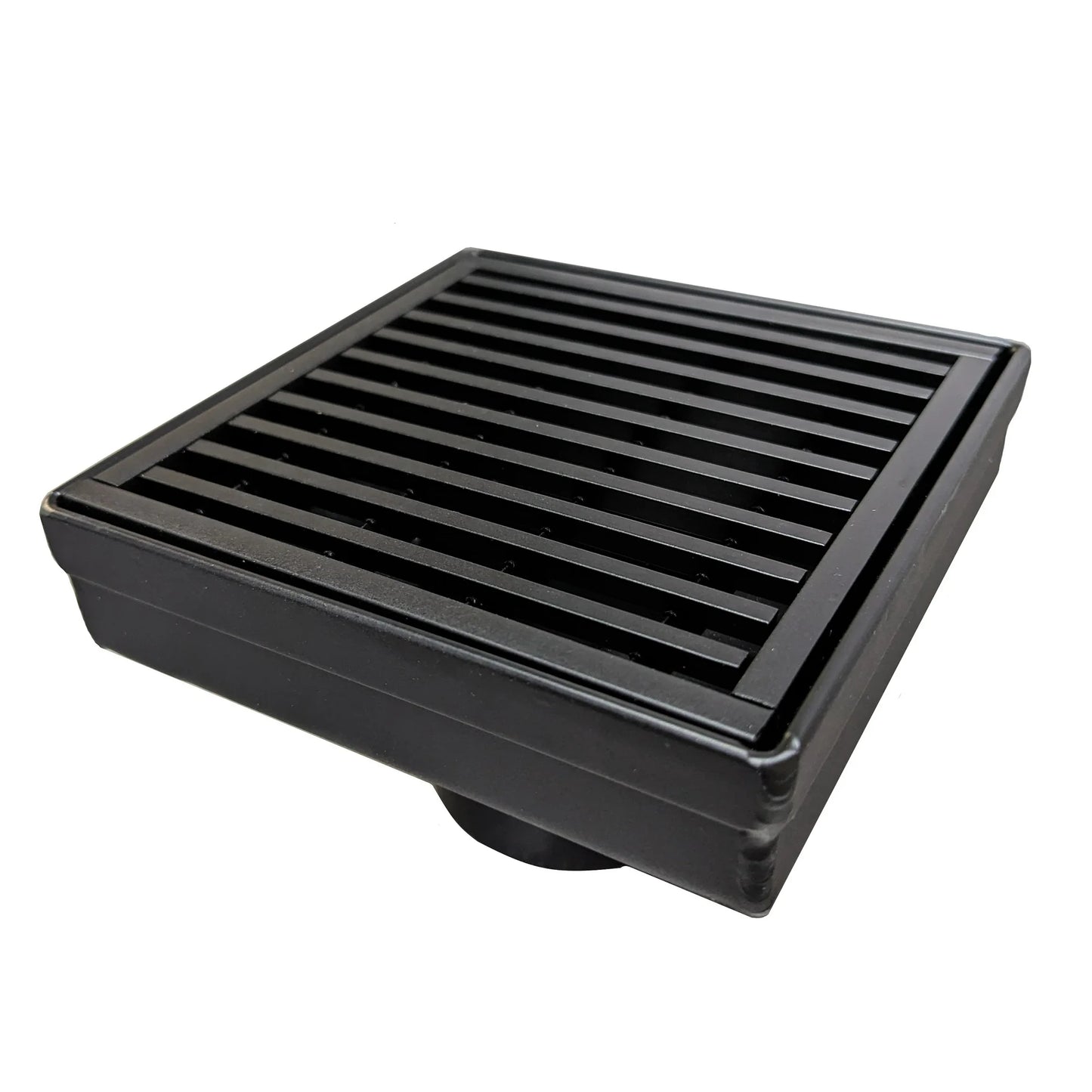 4 Inch Matte Black Square Shower Drain Kit with Hair Trap and Base Flange – Linear Wedge Design