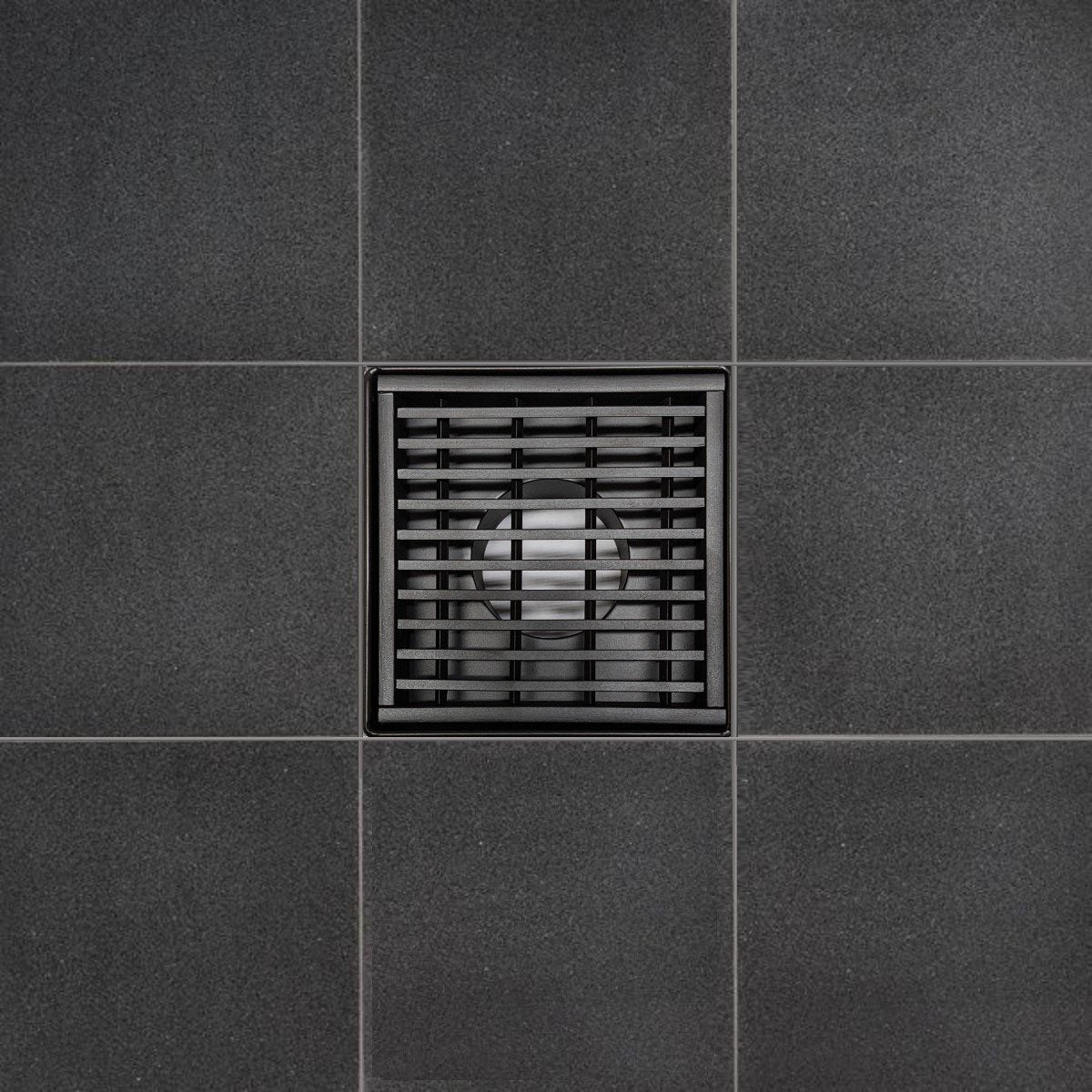 4 Inch Matte Black Square Shower Drain Kit with Hair Trap and Base Flange – Linear Wedge Design
