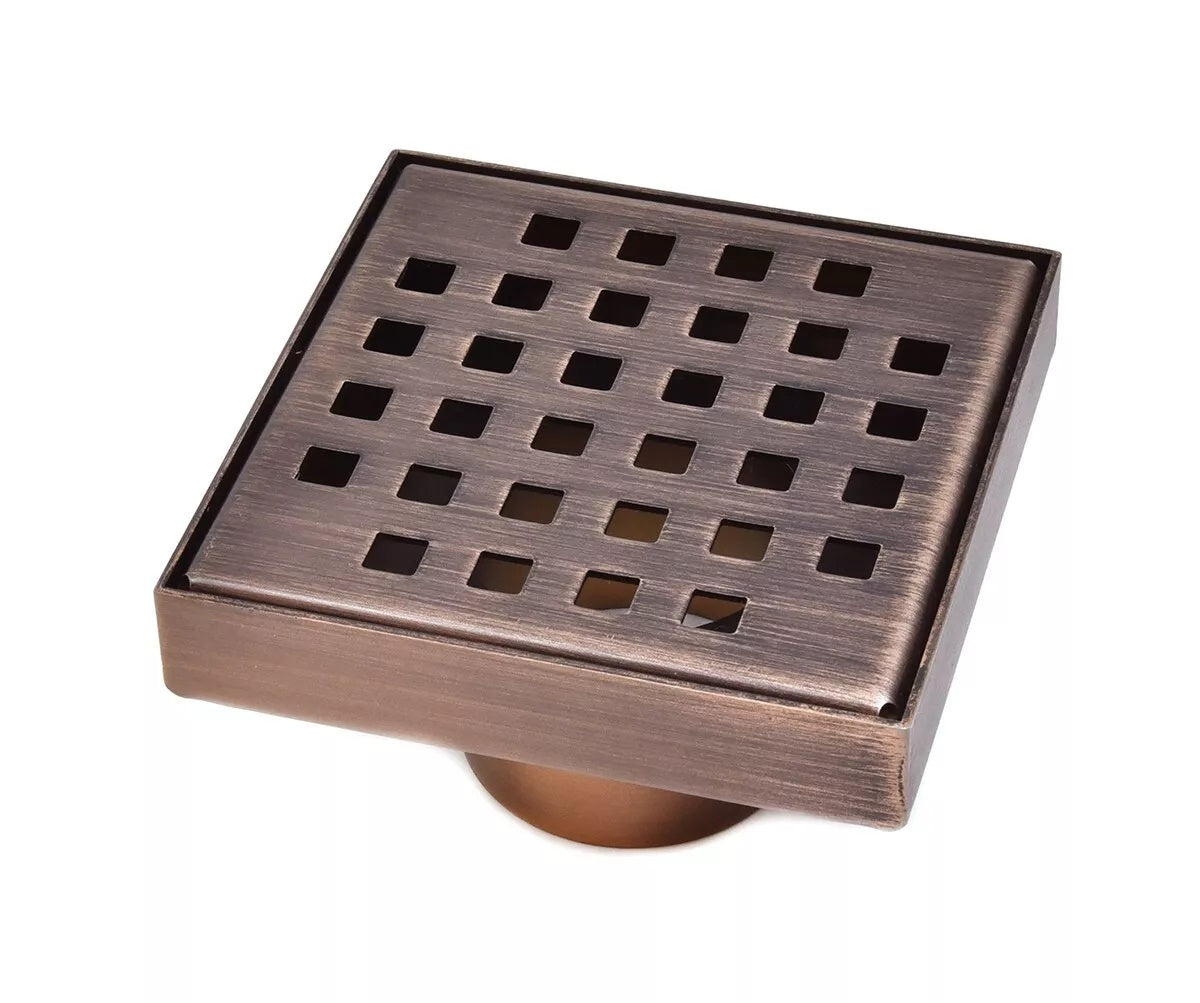 4 Inch Bronze Square Shower Drain Kit with Hair Trap and Base Flange – Traditional Square Design