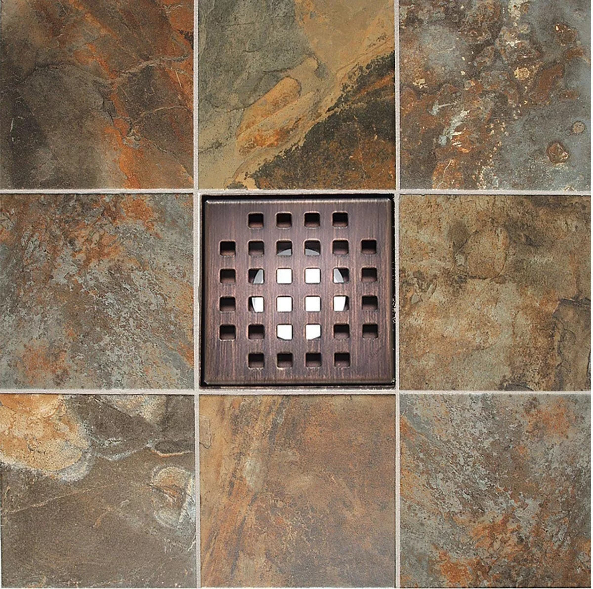 4 Inch Bronze Square Shower Drain Kit with Hair Trap and Base Flange – Traditional Square Design