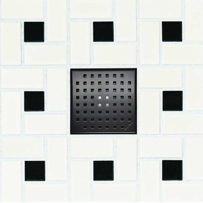 6 Inch Matte Black Square Shower Drain with Hair Trap and Base Flange Kit – Traditional Square Design