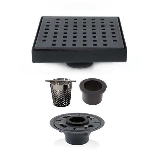 6 Inch Matte Black Square Shower Drain with Hair Trap and Base Flange Kit – Traditional Square Design