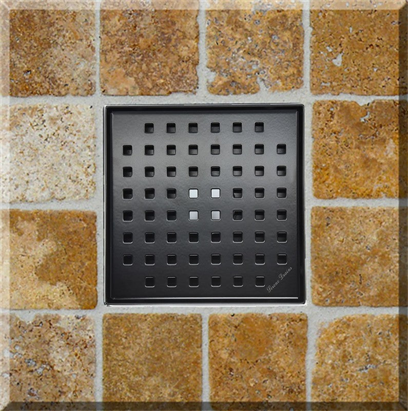 6 Inch Matte Black Square Shower Drain with Hair Trap and Base Flange Kit – Traditional Square Design