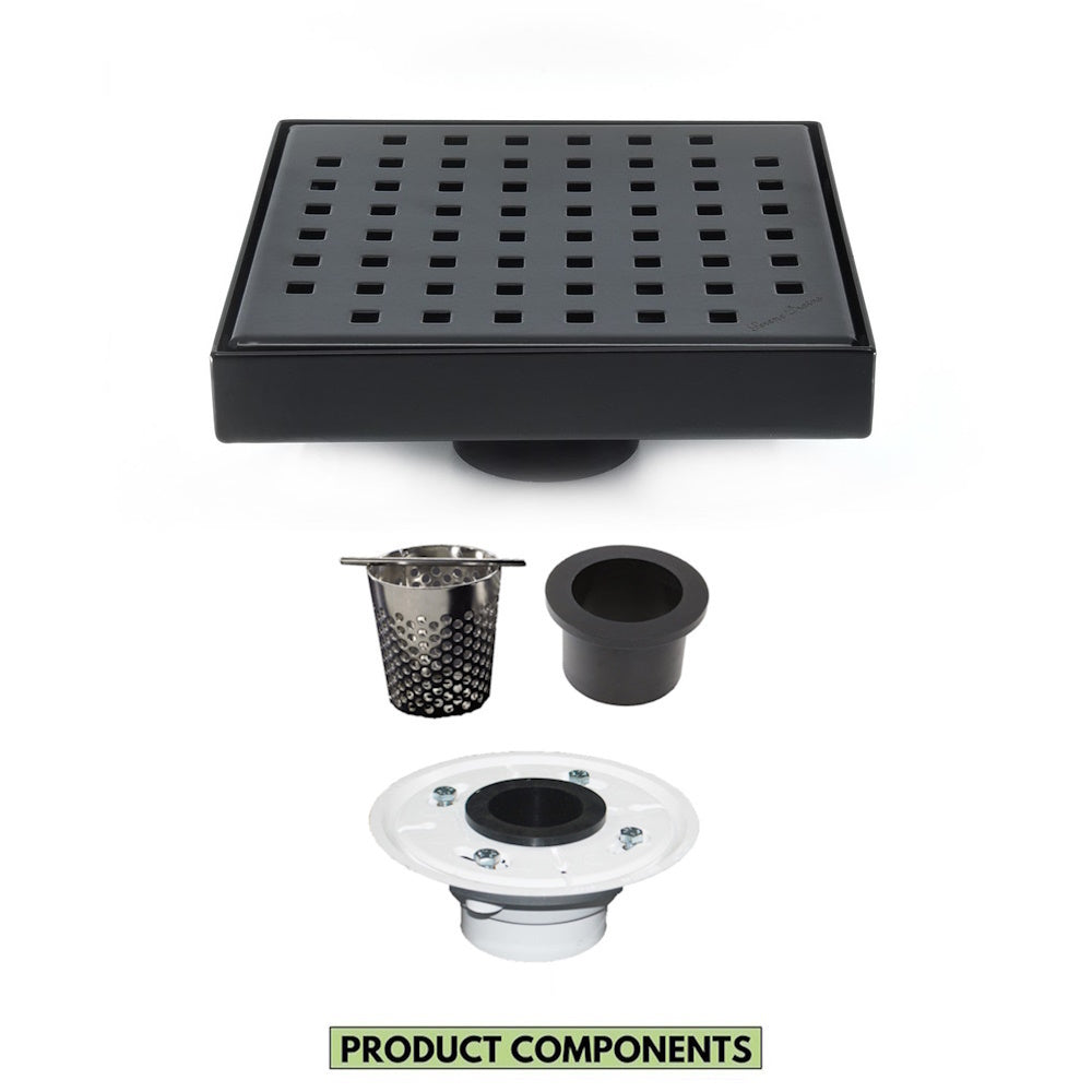 6 Inch Matte Black Square Shower Drain with Hair Trap and Base Flange Kit – Traditional Square Design