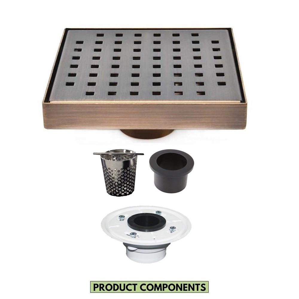 6 Inch Bronze Square Shower Drain with Hair Trap and Base Flange Kit – Traditional Square Design