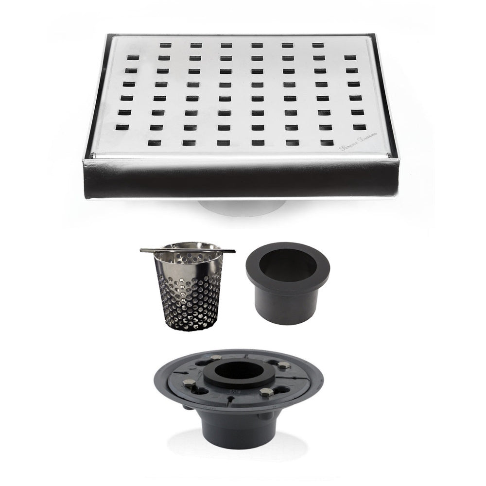 6 Inch Chrome Square Shower Drain with Hair Trap and Base Flange Kit – Traditional Square Design