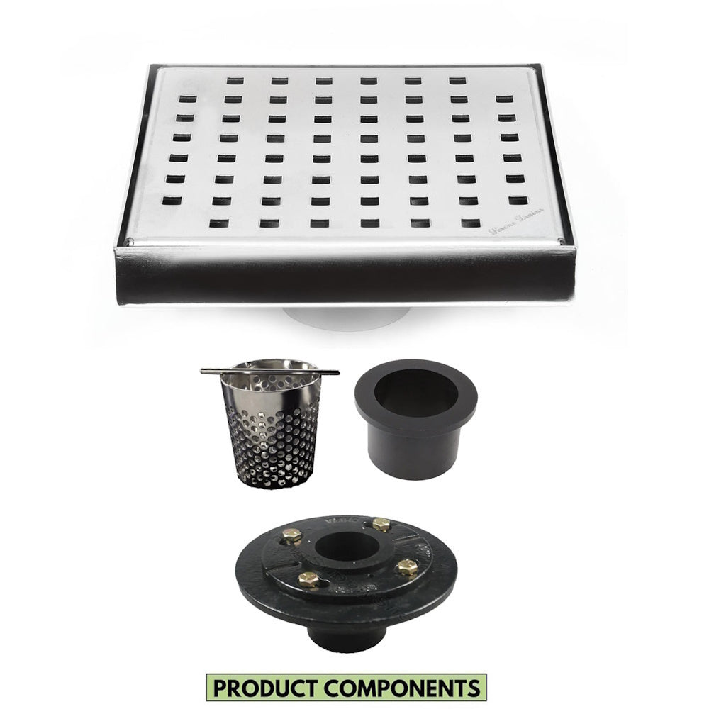 6 Inch Chrome Square Shower Drain with Hair Trap and Base Flange Kit – Traditional Square Design