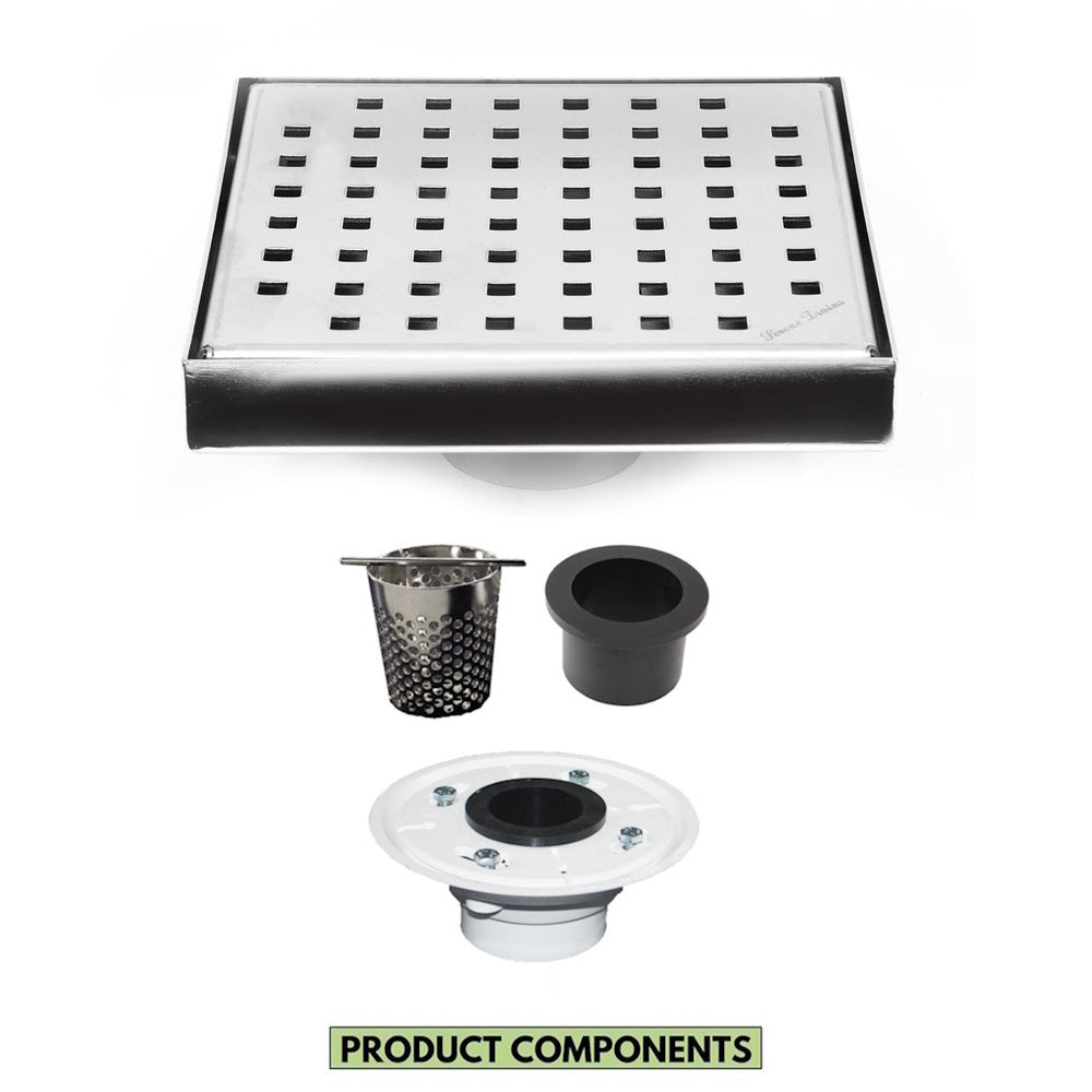 6 Inch Chrome Square Shower Drain with Hair Trap and Base Flange Kit – Traditional Square Design