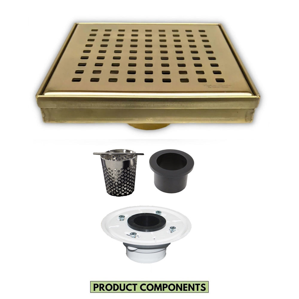 6 Inch Gold Square Shower Drain with Hair Trap and Base Flange Kit – Traditional Square Design