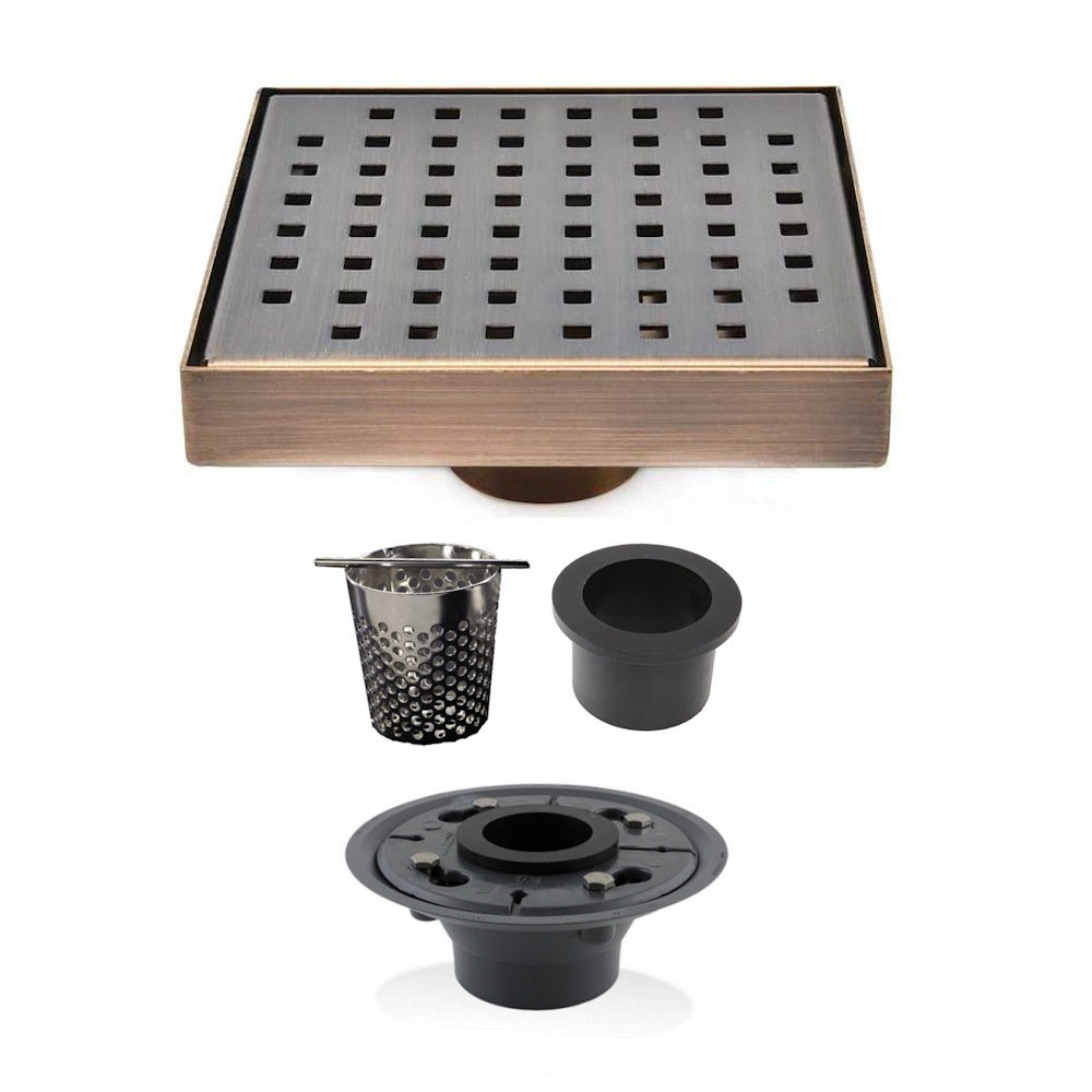 6 Inch Bronze Square Shower Drain with Hair Trap and Base Flange Kit – Traditional Square Design