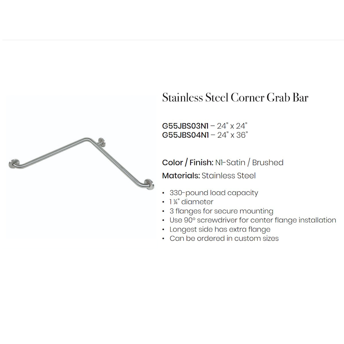 Corner Grab Bar, Two-Wall Grab Bar, Satin Finish – 24" x 24" or 24" x 36"