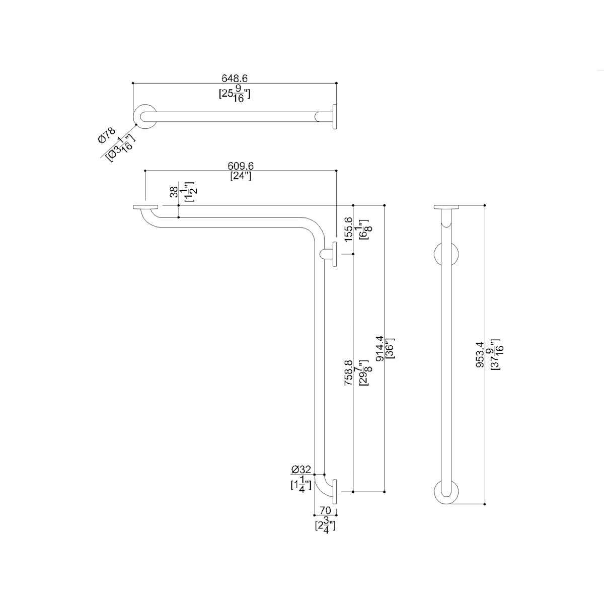 Corner Grab Bar, Two-Wall Grab Bar, Satin Finish – 24" x 24" or 24" x 36"