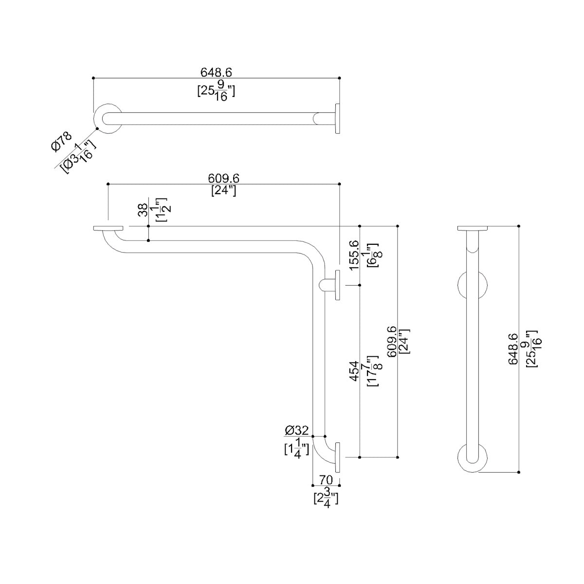 Corner Grab Bar, Two-Wall Grab Bar, Satin Finish – 24" x 24" or 24" x 36"