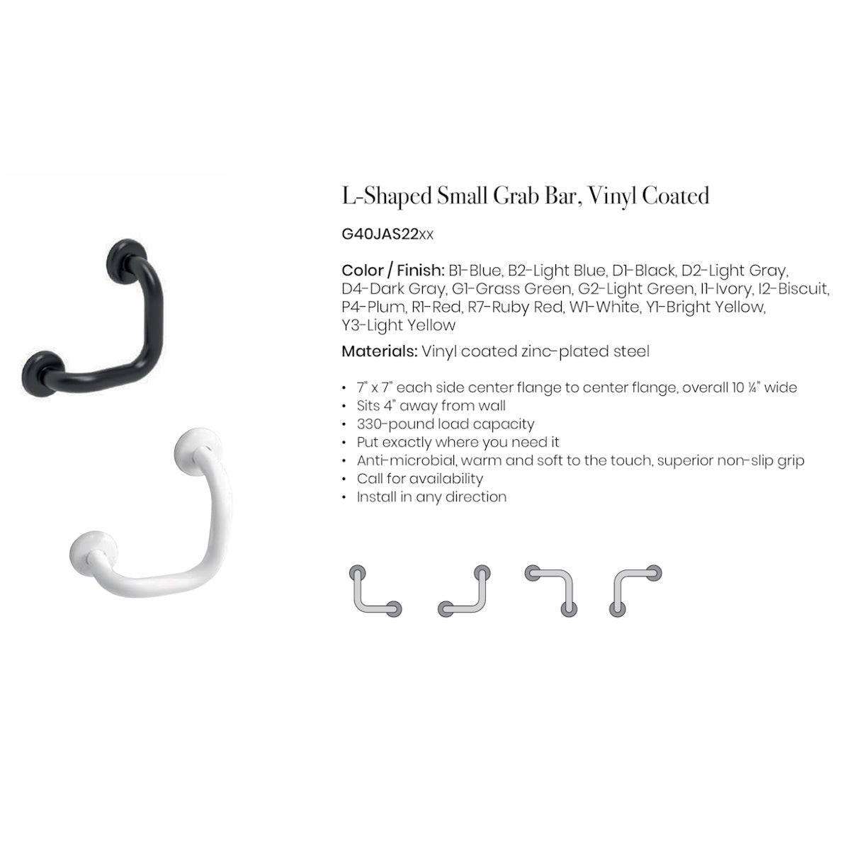 White L-Shaped Grab Bar Foot Rest, 7" x 7", for Shower and Toilet, Anti-Microbial Vinyl-Coated