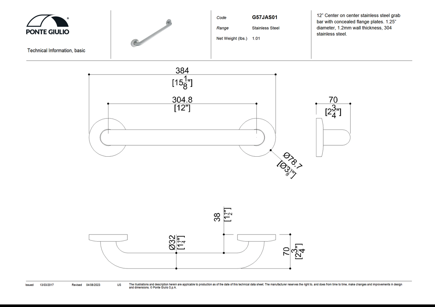 12 Inch Stainless Steel ADA Shower Grab Bars in Brushed or Polished Finish