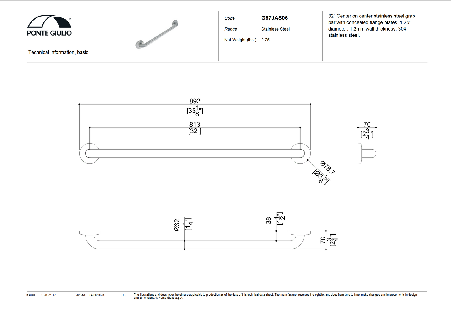 32 Inch Stainless Steel Toilet Grab Rails for Elderly - Brushed Satin or Polished Finish
