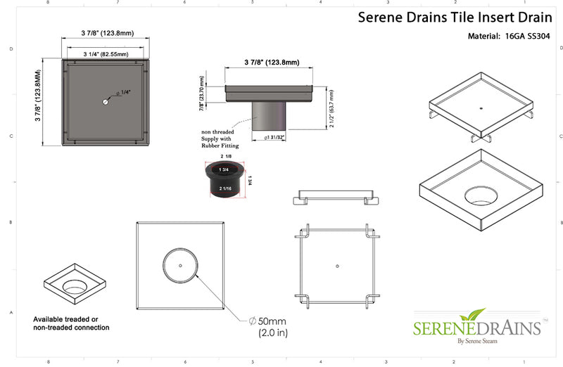 4 Inch Brushed Tile Insert Square Shower Drain with Hair Trap and Base Flange Kit