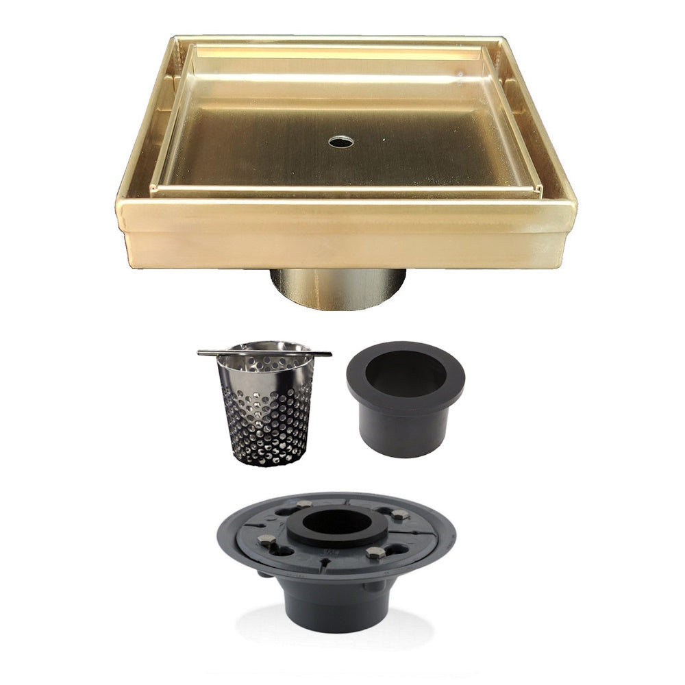 5 Inch Satin Gold Tile Insert Square Shower Drain with Hair Trap and Base Flange Kit