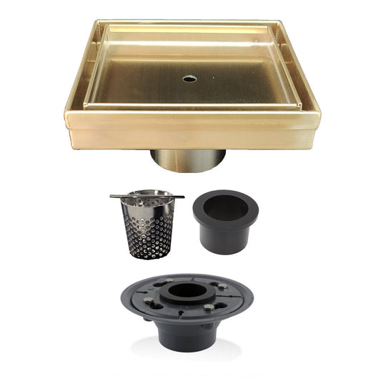 5 Inch Satin Gold Tile Insert Square Shower Drain with Hair Trap and Base Flange Kit