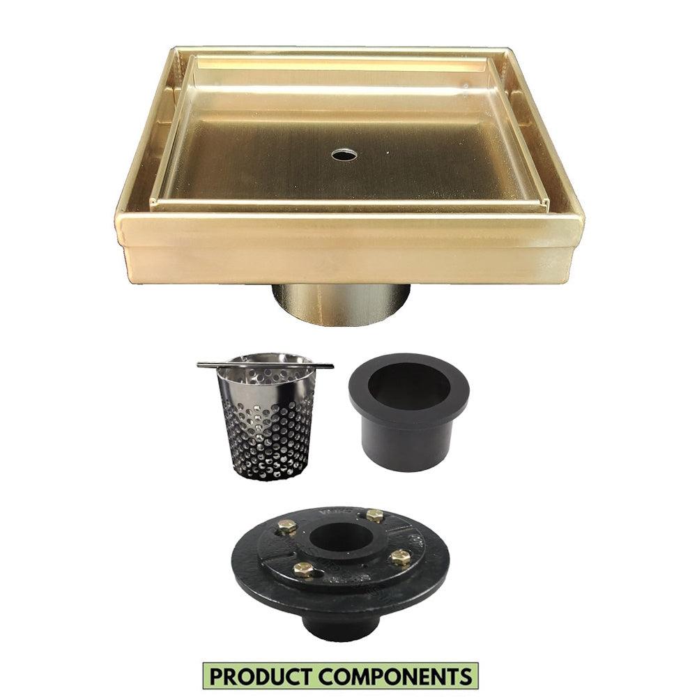 5 Inch Satin Gold Tile Insert Square Shower Drain with Hair Trap and Base Flange Kit