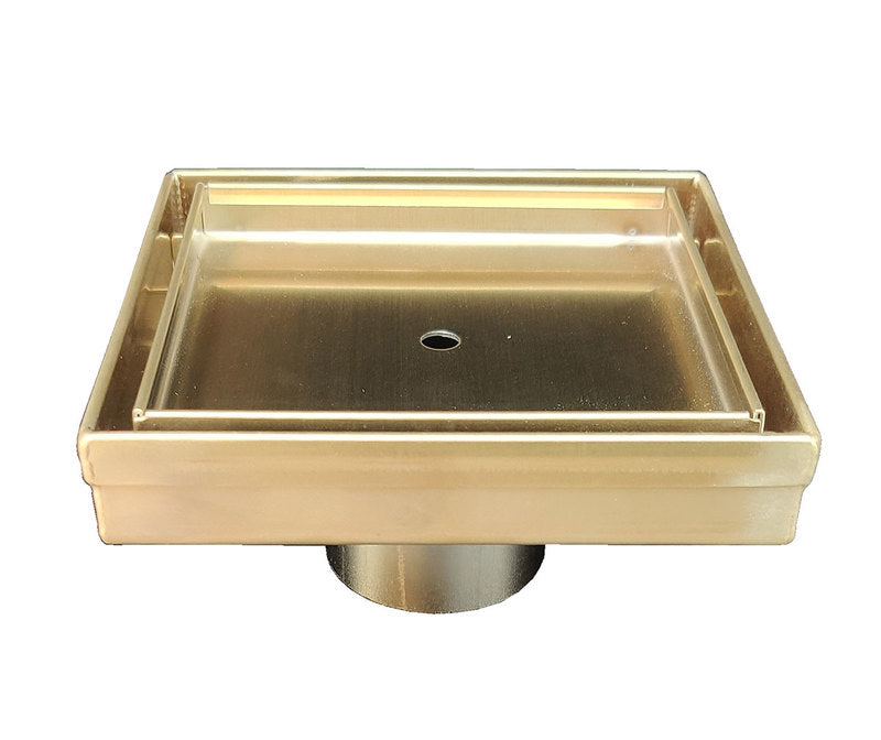 5 Inch Satin Gold Tile Insert Square Shower Drain with Hair Trap and Base Flange Kit