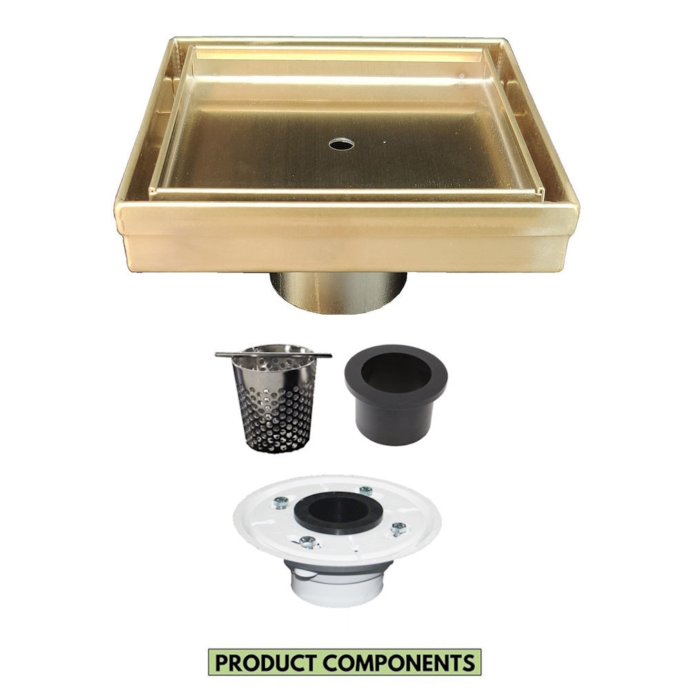5 Inch Satin Gold Tile Insert Square Shower Drain with Hair Trap and Base Flange Kit