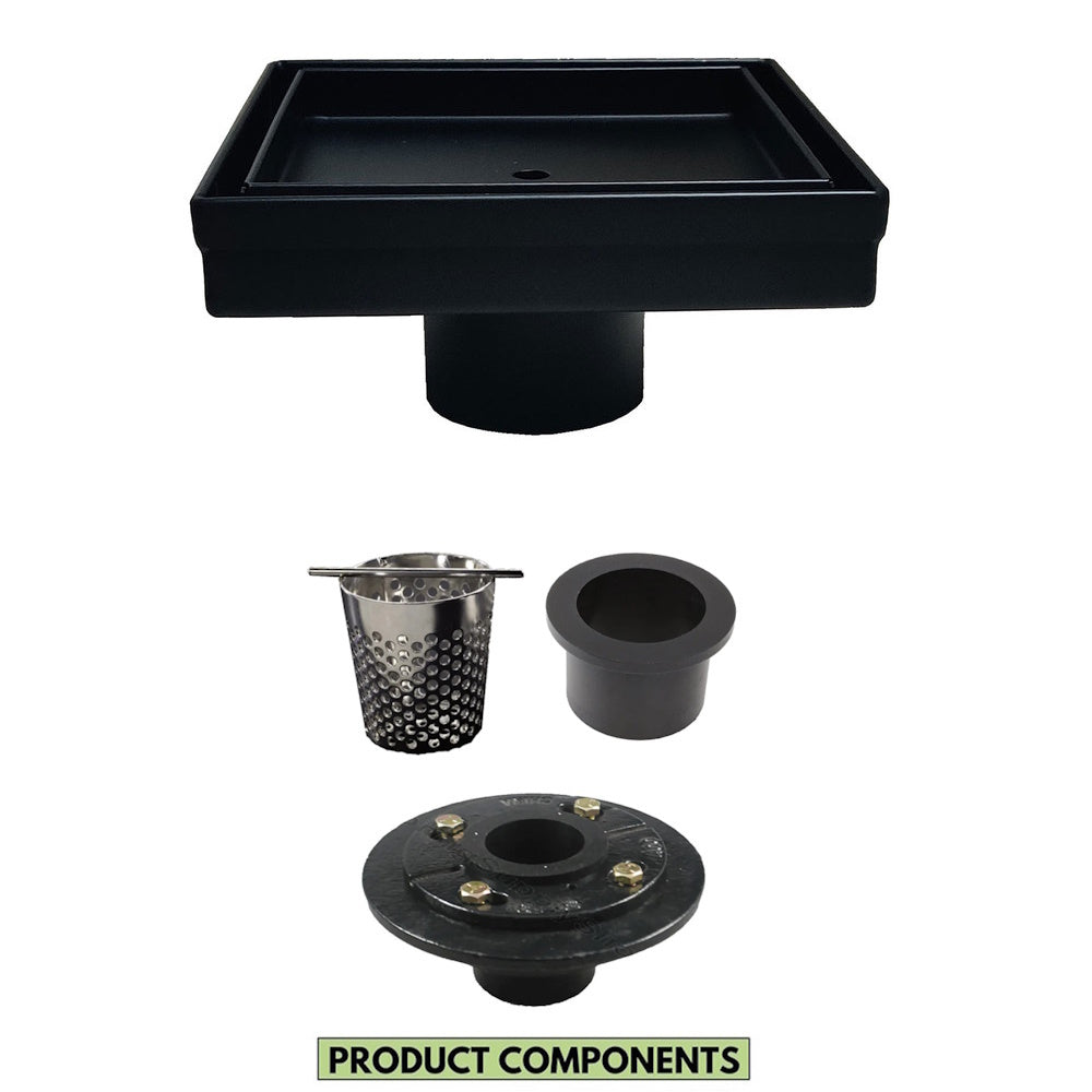 5 Inch Matte Black Tile Insert Square Shower Drain with Hair Trap and Base Flange Kit