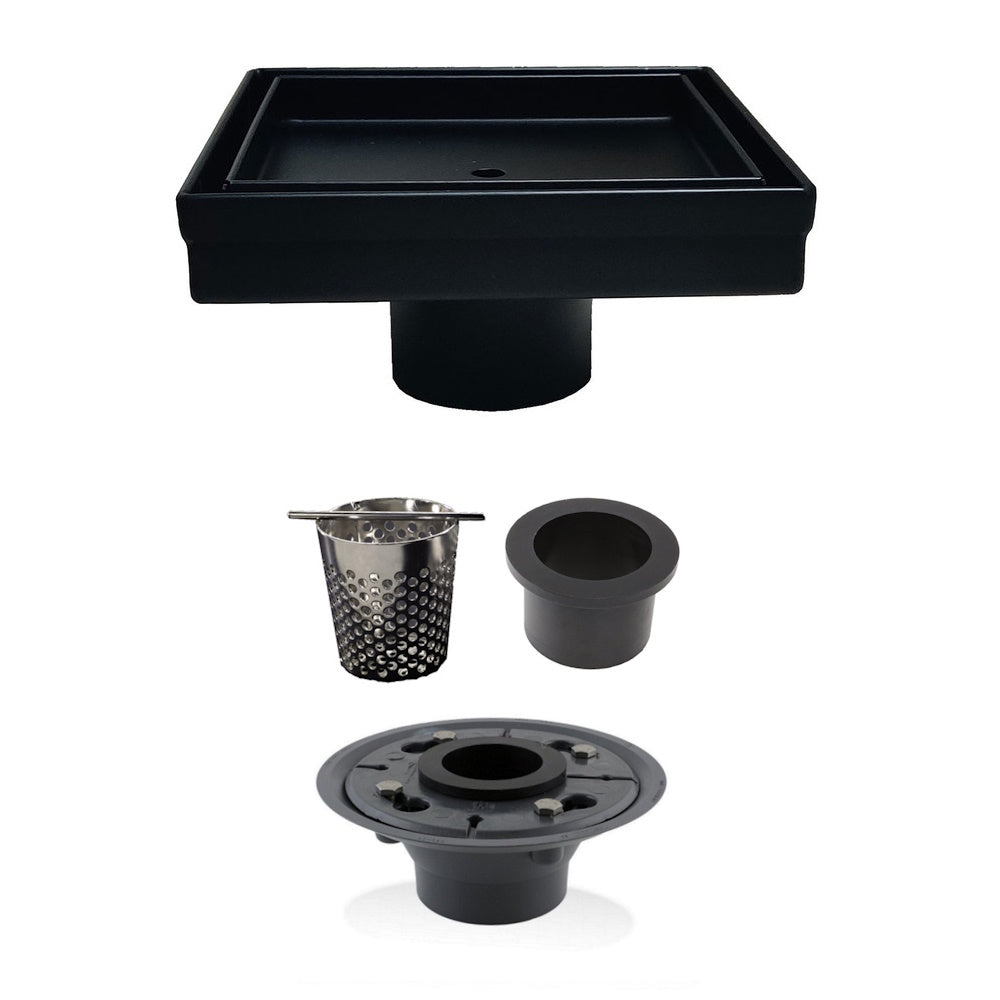5 Inch Matte Black Tile Insert Square Shower Drain with Hair Trap and Base Flange Kit