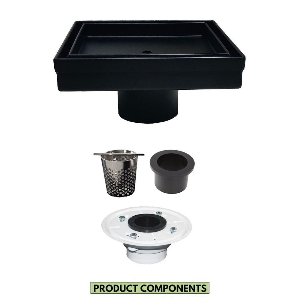 5 Inch Matte Black Tile Insert Square Shower Drain with Hair Trap and Base Flange Kit
