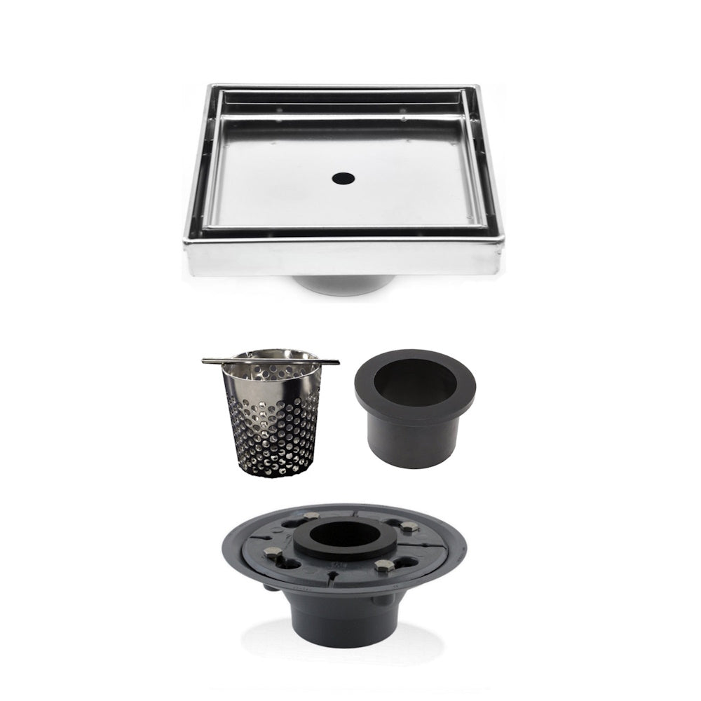 4 Inch Brushed Tile Insert Square Shower Drain with Hair Trap and Base Flange Kit
