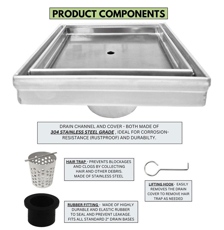 4 Inch Brushed Tile Insert Square Shower Drain with Hair Trap and Base Flange Kit