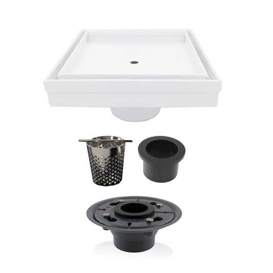 5 Inch Matte White Tile Insert Square Shower Drain with Hair Trap and Base Flange Kit