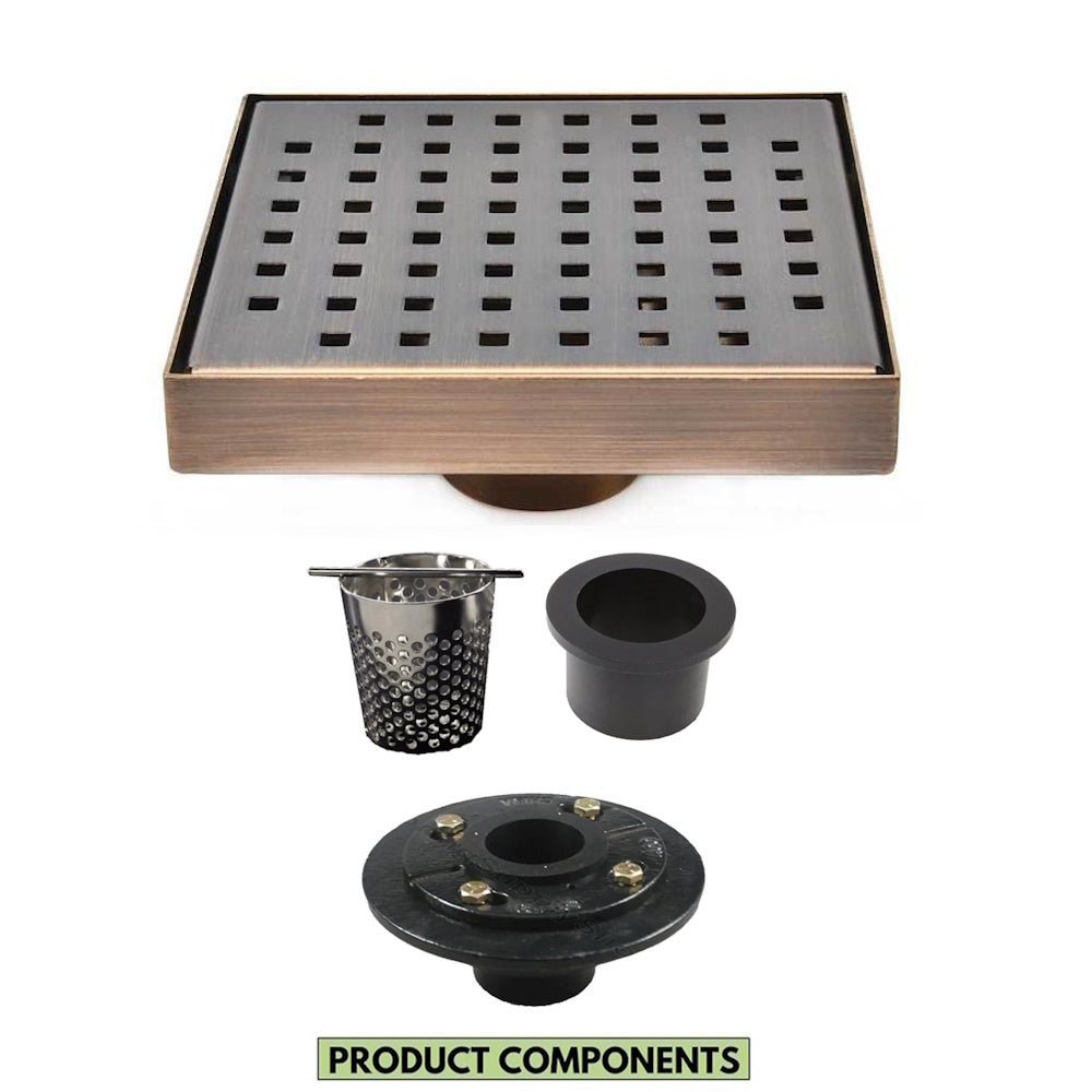 6 Inch Bronze Square Shower Drain with Hair Trap and Base Flange Kit – Traditional Square Design