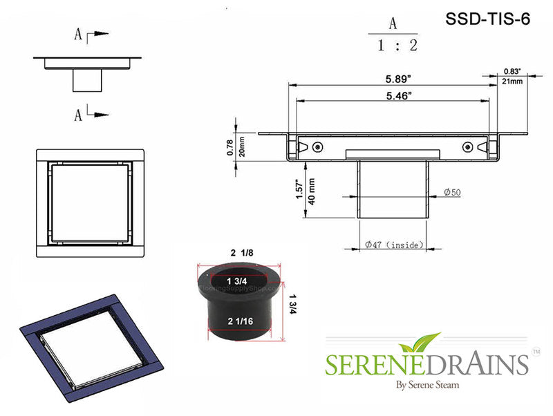 6 Inch Invisible Infinity Square Shower Drain with Hair Trap and Base Flange Kit