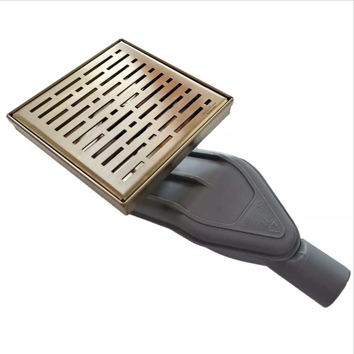 SereneDrains Horizontal Side Discharge Outlet Converter for Shower Drains Satin Gold Square Drains