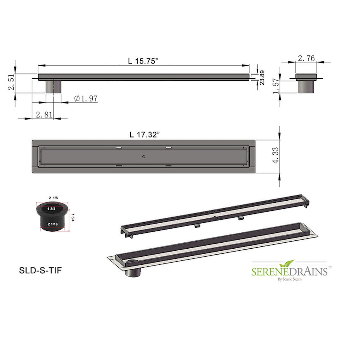 16 Inch Offset Linear Drain Kit with Hair Trap and Flange Base, SereneDrains