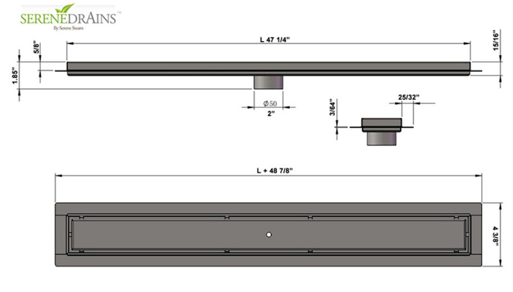 48 Inch Linear Drain Shower Kit with Hair Trap and Flange Base, SereneDrains