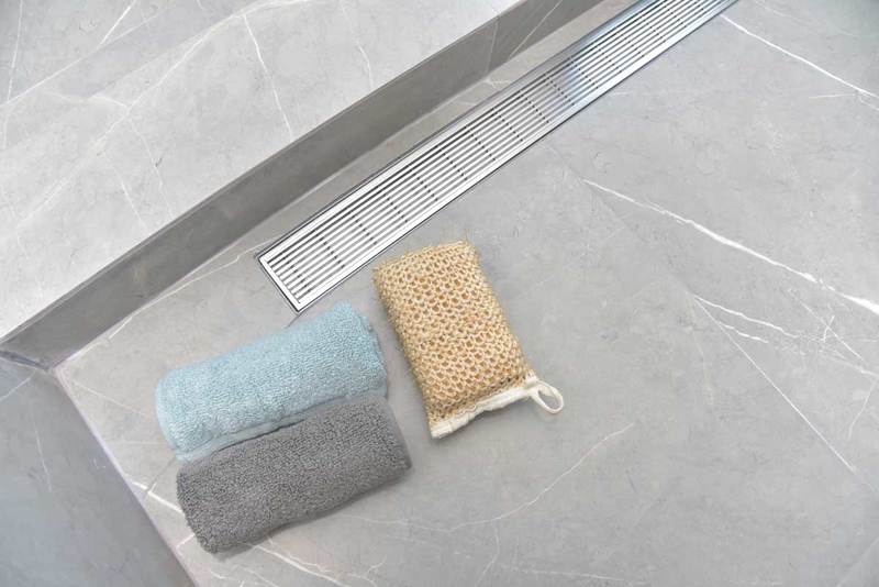 30" Brushed Nickel Linear Shower Drain – Linear Wedge Design with 5mm 304 Stainless Steel Grate | SereneDrains