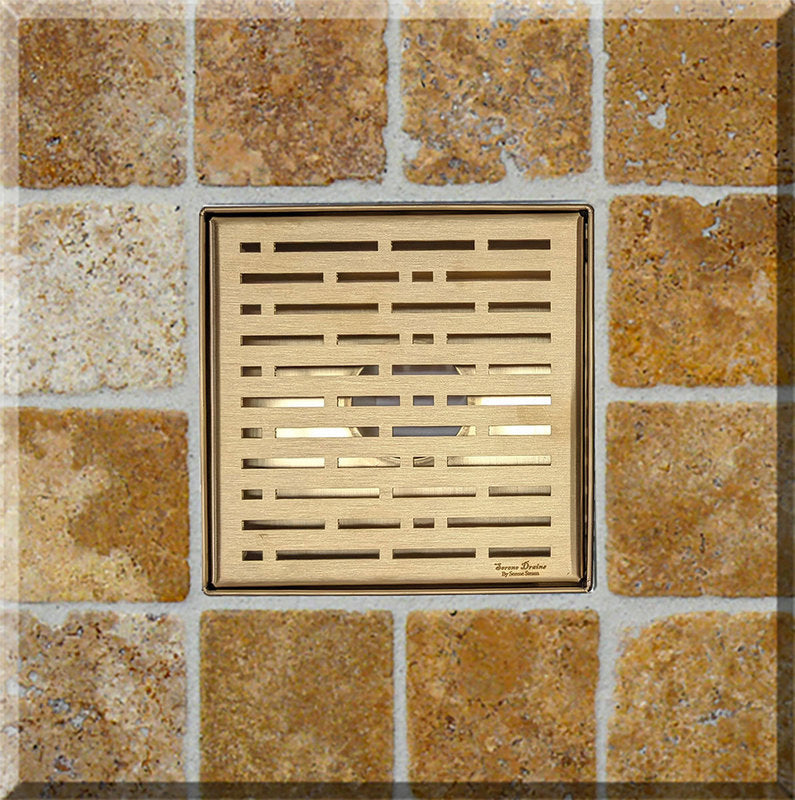 6 Inch Satin Gold Square Shower Drain with Hair Trap and Base Flange Kit – Broken Lane Design