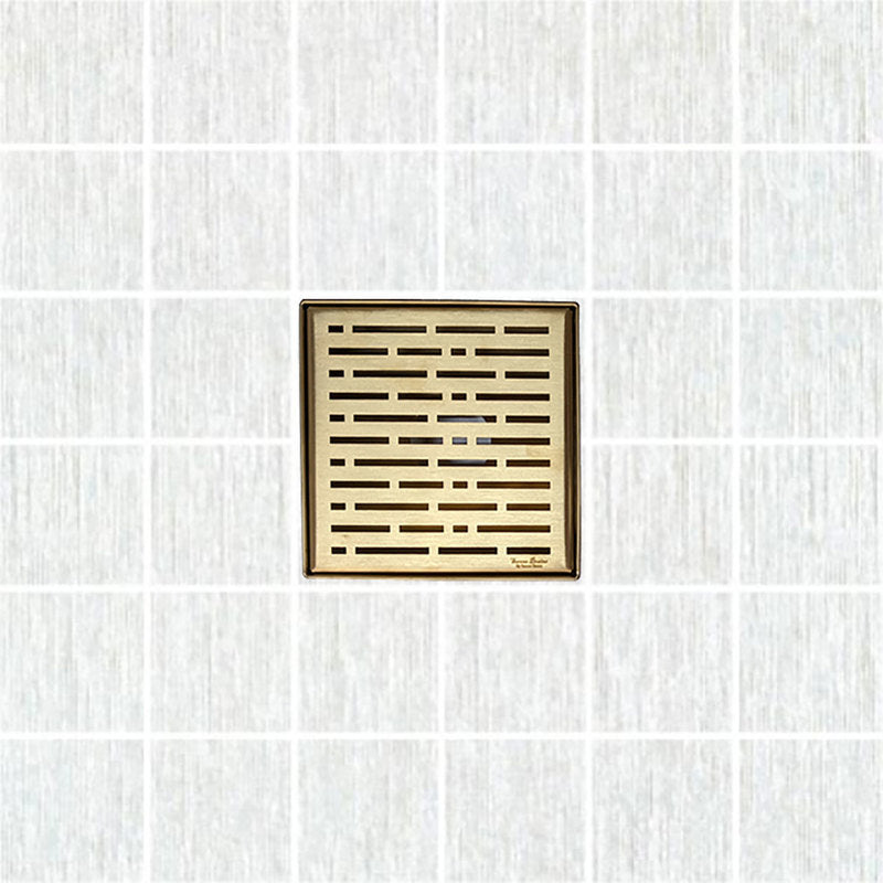 6 Inch Satin Gold Square Shower Drain with Hair Trap and Base Flange Kit – Broken Lane Design