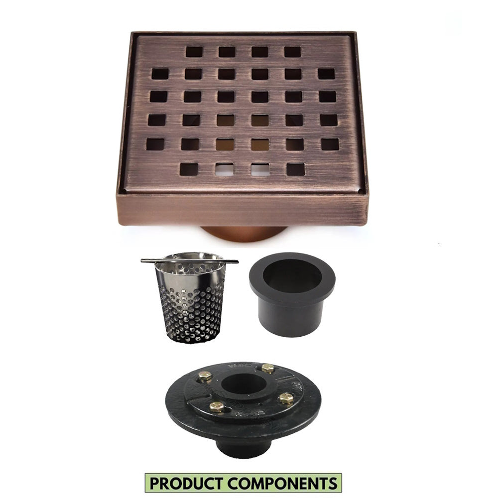 4 Inch Bronze Square Shower Drain Kit with Hair Trap and Base Flange – Traditional Square Design