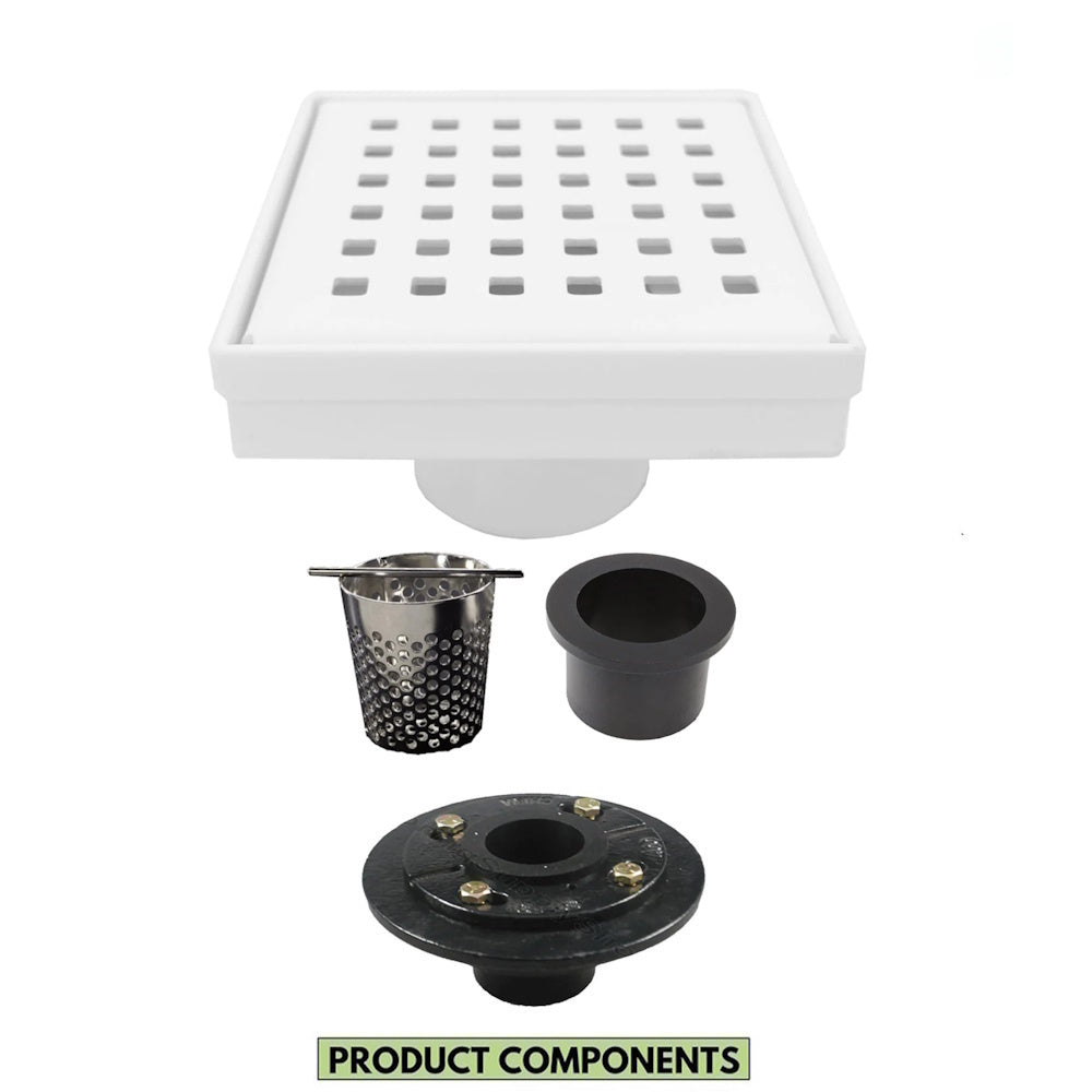 4 Inch Matte White Square Shower Drain Kit with Hair Trap and Base Flange – Traditional Square Design