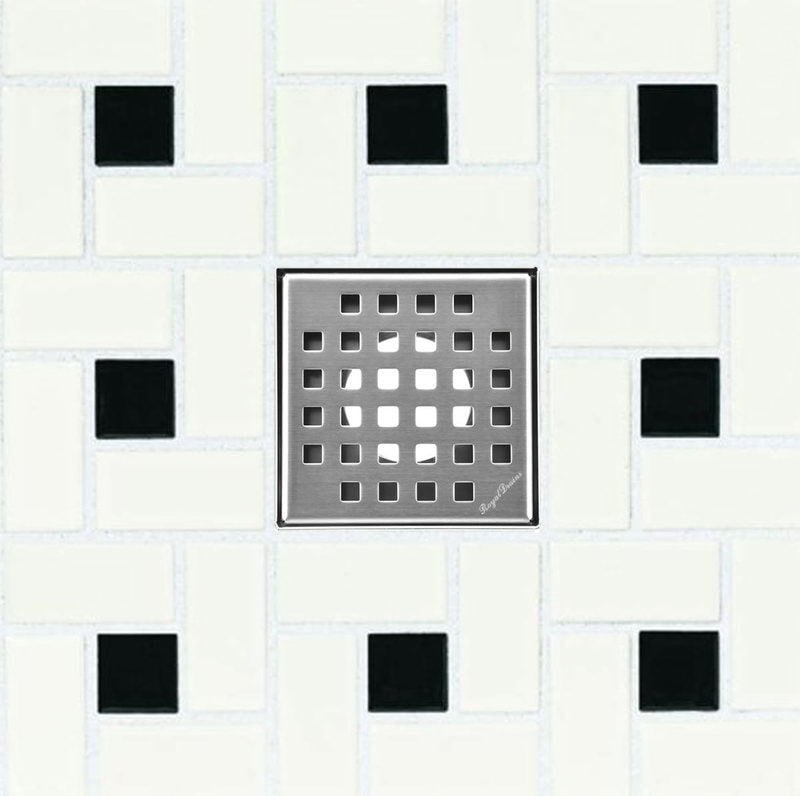 4 Inch Brushed Square Shower Drain Kit with Hair Trap and Base Flange – Traditional Square Design
