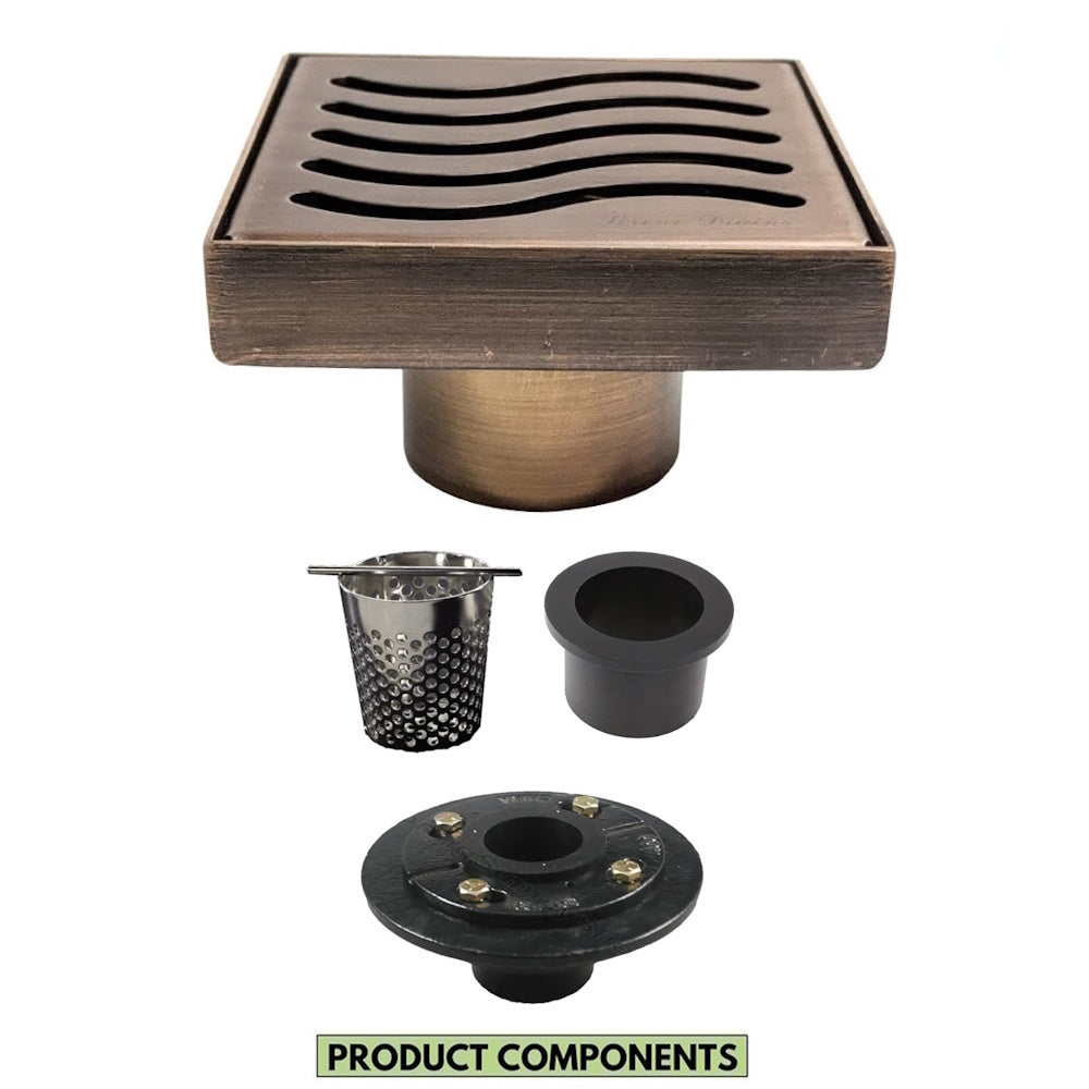 4 Inch Oil-Rubbed Bronze Square Shower Drain Kit with Hair Trap and Base Flange – Ocean Wave Design