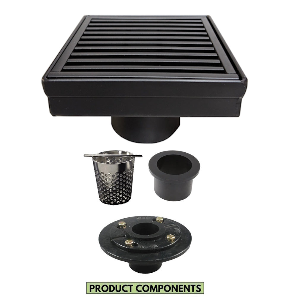 4 Inch Matte Black Square Shower Drain Kit with Hair Trap and Base Flange – Linear Wedge Design