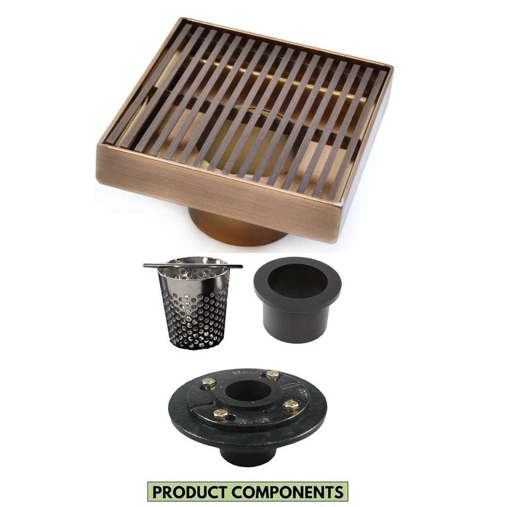 4 Inch Oil-Rubbed Bronze Square Shower Drain Kit with Hair Trap and Base Flange – Linear Wedge Design