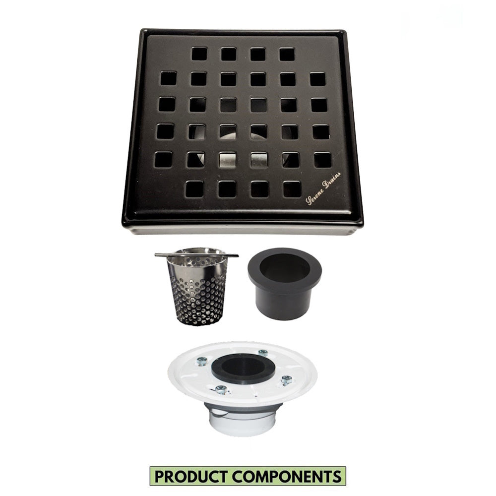 4 Inch Matte Black Square Shower Drain Kit with Hair Trap and Base Flange – Traditional Square Design