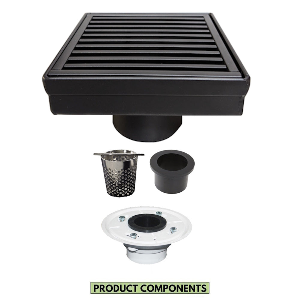 4 Inch Matte Black Square Shower Drain Kit with Hair Trap and Base Flange – Linear Wedge Design
